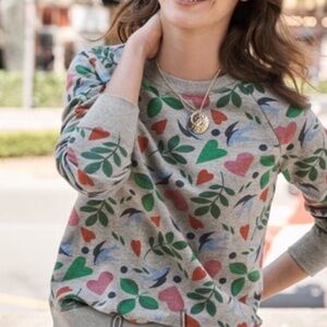 Boden Gray Crewneck Sweatshirt with Multicolor Heart & Leaf Motif